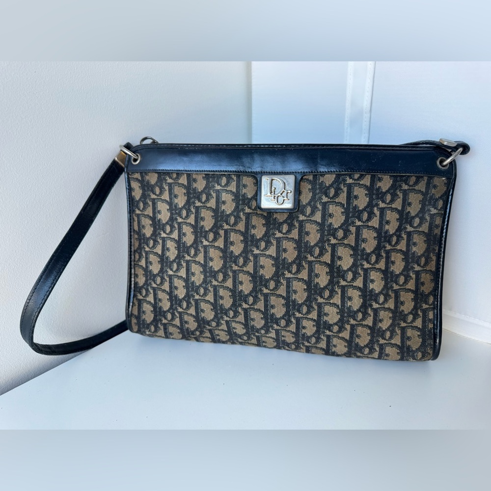 Vintage Christian Dior Trotter Canvas Shoulder Bag Navy